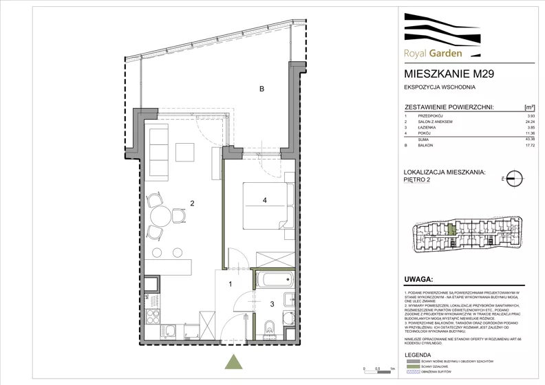2 pokoje, mieszkanie 43,38 m², piętro 2, oferta nr M29, Royal Garden, Rzeszów, Miłocin, ul. Technologiczna