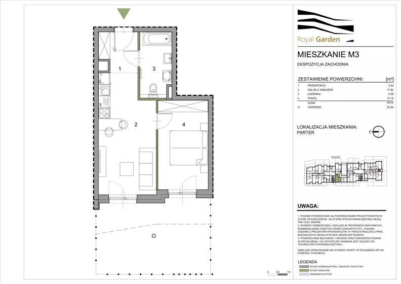 2 pokoje, mieszkanie 39,52 m², parter, oferta nr M3, Royal Garden, Rzeszów, Miłocin, ul. Technologiczna
