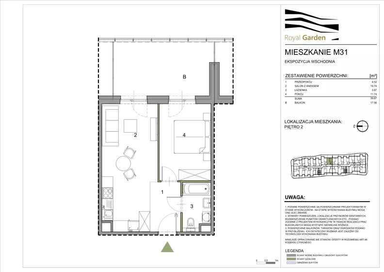 2 pokoje, mieszkanie 39,87 m², piętro 2, oferta nr M31, Royal Garden, Rzeszów, Miłocin, ul. Technologiczna