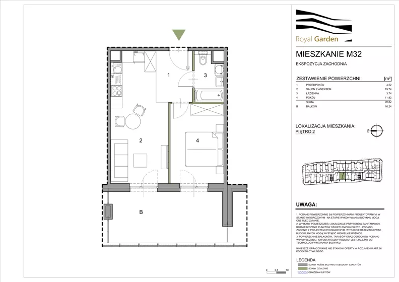 2 pokoje, mieszkanie 39,82 m², piętro 2, oferta nr M32, Royal Garden, Rzeszów, Miłocin, ul. Technologiczna