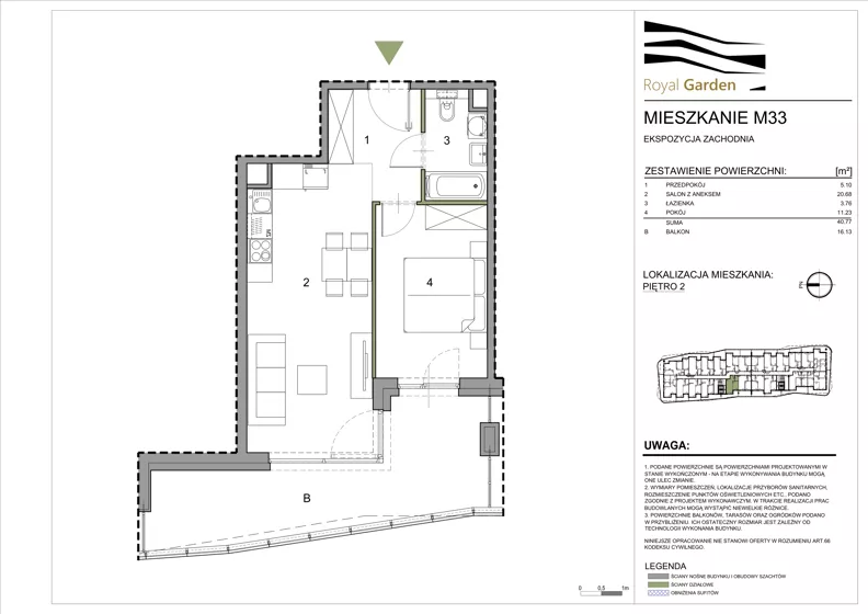 2 pokoje, mieszkanie 40,77 m², piętro 2, oferta nr M33, Royal Garden, Rzeszów, Miłocin, ul. Technologiczna