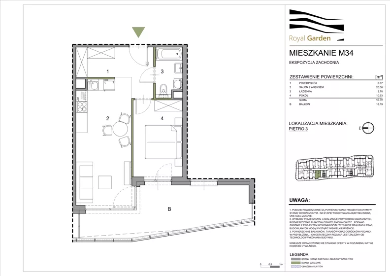 2 pokoje, mieszkanie 42,70 m², piętro 3, oferta nr M34, Royal Garden, Rzeszów, Miłocin, ul. Technologiczna