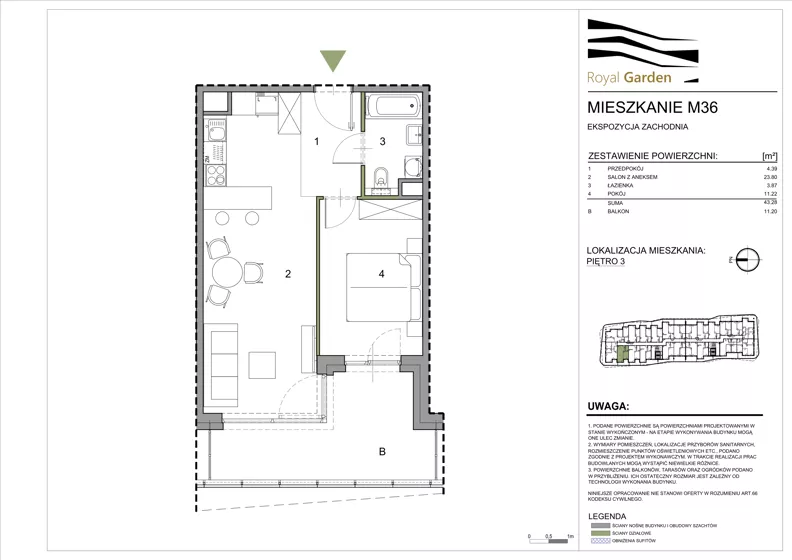 2 pokoje, mieszkanie 43,28 m², piętro 3, oferta nr M36, Royal Garden, Rzeszów, Miłocin, ul. Technologiczna