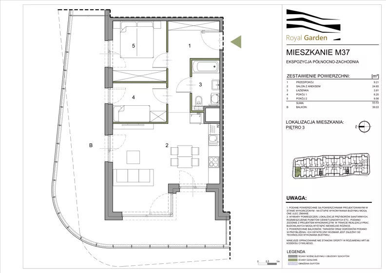 3 pokoje, mieszkanie 53,53 m², piętro 3, oferta nr M37, Royal Garden, Rzeszów, Miłocin, ul. Technologiczna
