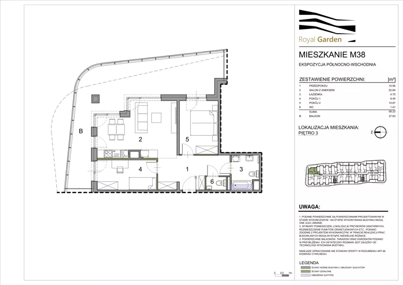 3 pokoje, mieszkanie 58,22 m², piętro 3, oferta nr M38, Royal Garden, Rzeszów, Miłocin, ul. Technologiczna