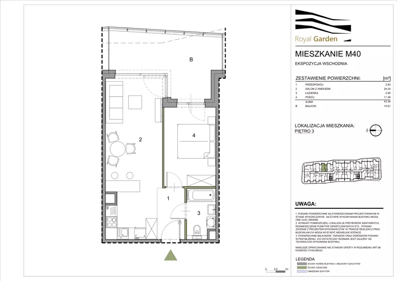 2 pokoje, mieszkanie 43,38 m², piętro 3, oferta nr M40, Royal Garden, Rzeszów, Miłocin, ul. Technologiczna