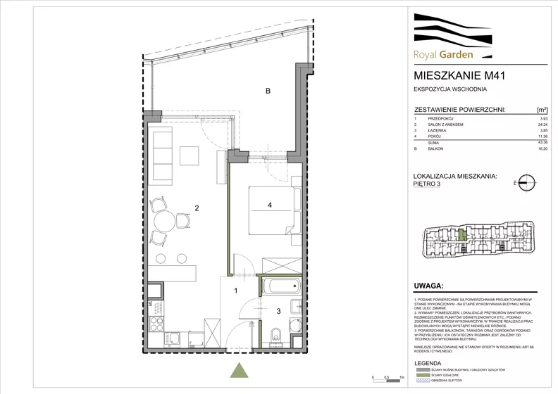 2 pokoje, mieszkanie 43,38 m², piętro 3, oferta nr M41, Royal Garden, Rzeszów, Miłocin, ul. Technologiczna