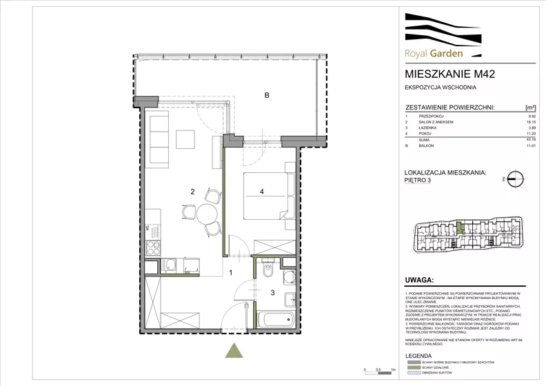 2 pokoje, mieszkanie 43,16 m², piętro 3, oferta nr M42, Royal Garden, Rzeszów, Miłocin, ul. Technologiczna