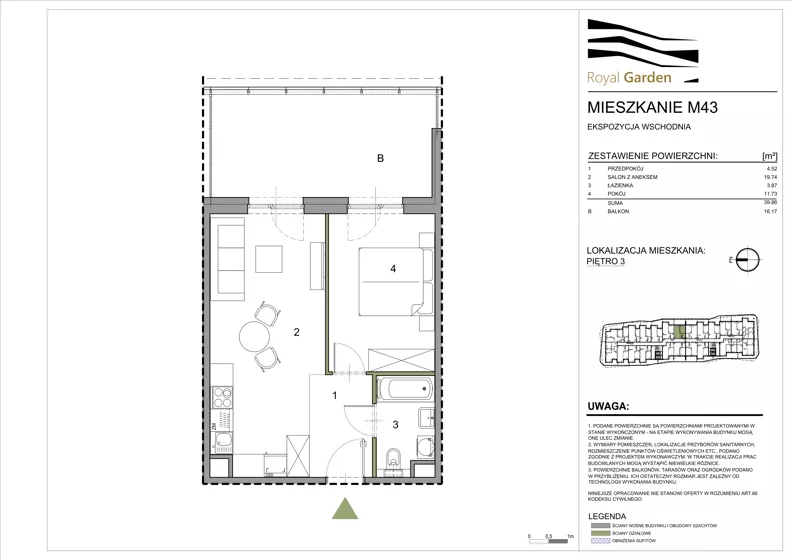 2 pokoje, mieszkanie 39,86 m², piętro 3, oferta nr M43, Royal Garden, Rzeszów, Miłocin, ul. Technologiczna