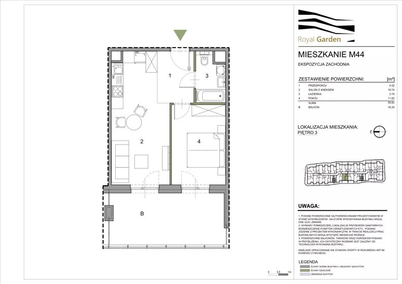 2 pokoje, mieszkanie 39,82 m², piętro 3, oferta nr M44, Royal Garden, Rzeszów, Miłocin, ul. Technologiczna