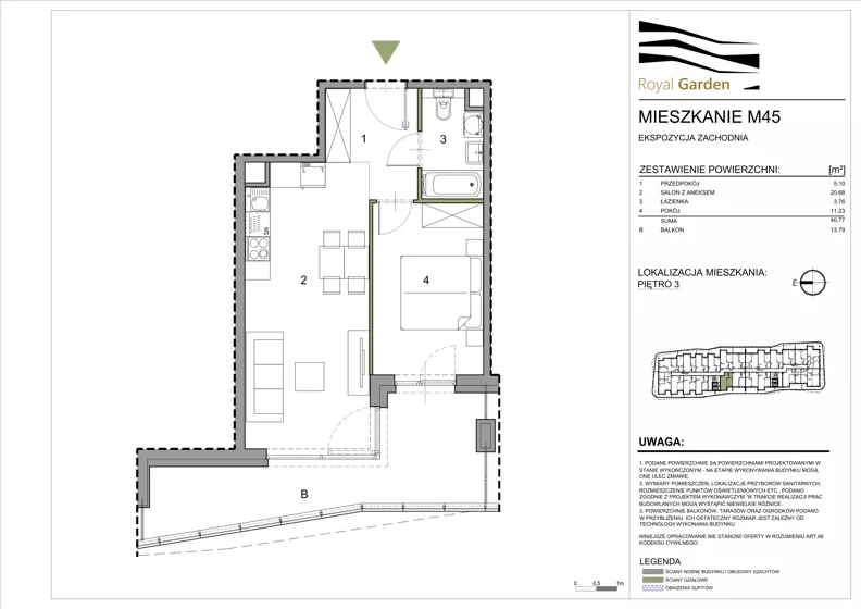 2 pokoje, mieszkanie 40,77 m², piętro 3, oferta nr M45, Royal Garden, Rzeszów, Miłocin, ul. Technologiczna