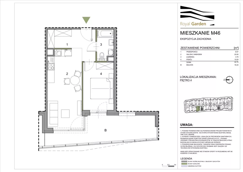 2 pokoje, mieszkanie 42,70 m², piętro 4, oferta nr M46, Royal Garden, Rzeszów, Miłocin, ul. Technologiczna