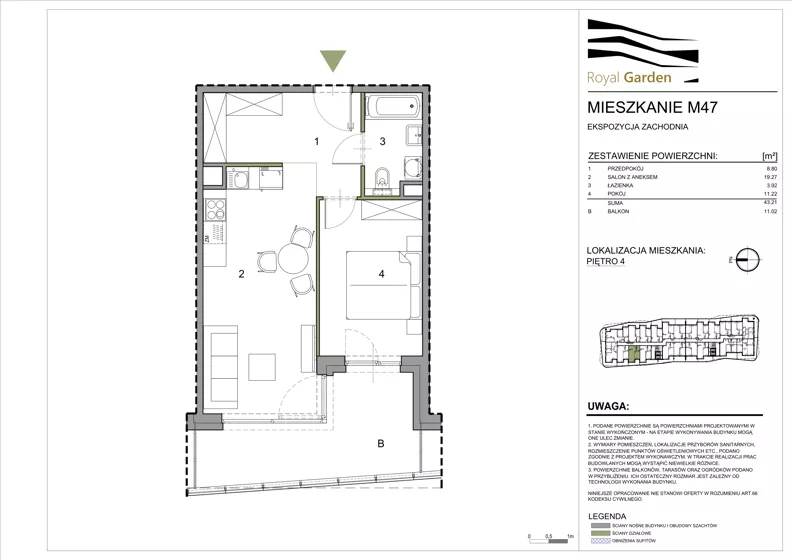 2 pokoje, mieszkanie 43,21 m², piętro 4, oferta nr M47, Royal Garden, Rzeszów, Miłocin, ul. Technologiczna