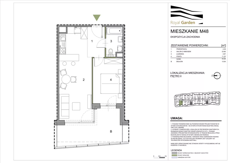 2 pokoje, mieszkanie 43,28 m², piętro 4, oferta nr M48, Royal Garden, Rzeszów, Miłocin, ul. Technologiczna
