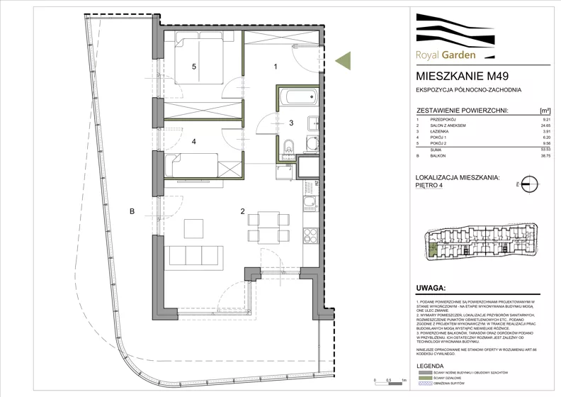 3 pokoje, mieszkanie 53,53 m², piętro 4, oferta nr M49, Royal Garden, Rzeszów, Miłocin, ul. Technologiczna
