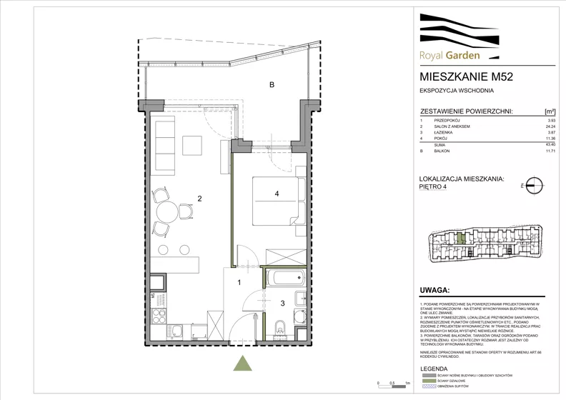 2 pokoje, mieszkanie 43,40 m², piętro 4, oferta nr M52, Royal Garden, Rzeszów, Miłocin, ul. Technologiczna