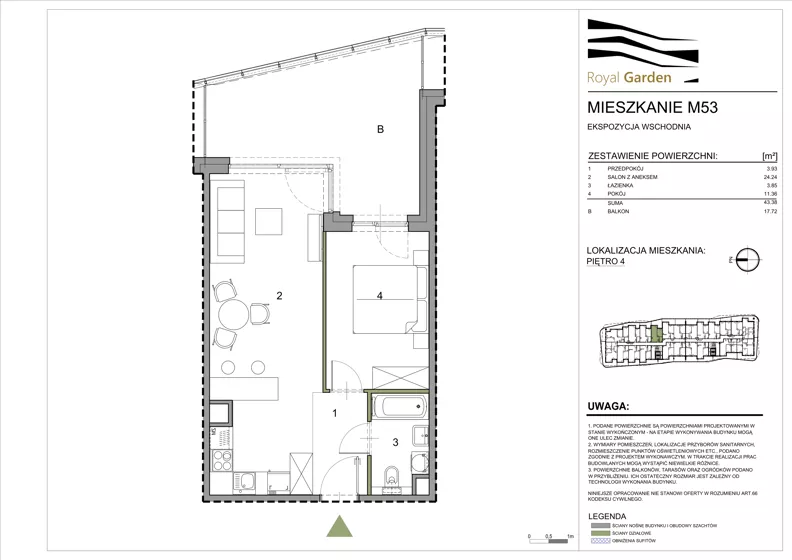 2 pokoje, mieszkanie 43,38 m², piętro 4, oferta nr M53, Royal Garden, Rzeszów, Miłocin, ul. Technologiczna