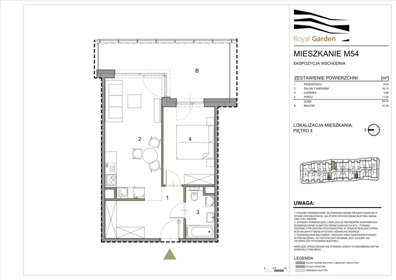 2 pokoje, mieszkanie 43,16 m², piętro 4, oferta nr M54, Royal Garden, Rzeszów, Miłocin, ul. Technologiczna