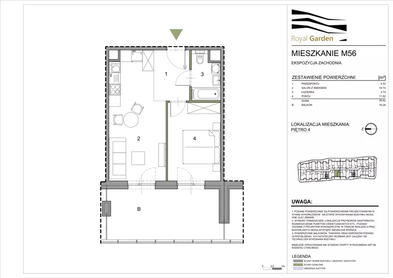 2 pokoje, mieszkanie 39,82 m², piętro 4, oferta nr M56, Royal Garden, Rzeszów, Miłocin, ul. Technologiczna