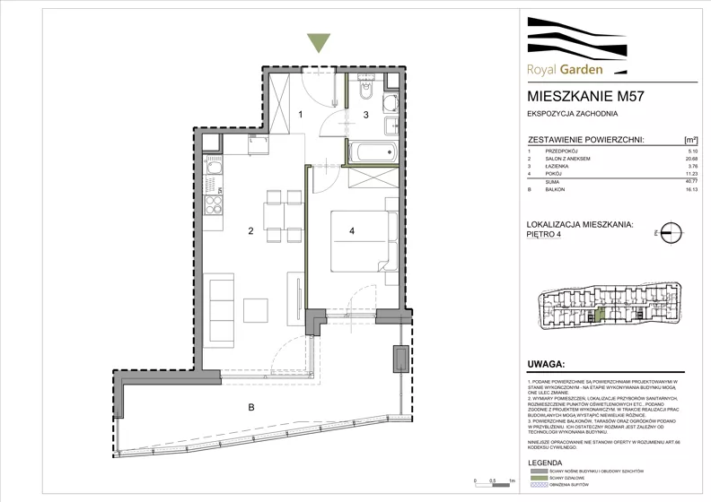 2 pokoje, mieszkanie 40,77 m², piętro 4, oferta nr M57, Royal Garden, Rzeszów, Miłocin, ul. Technologiczna