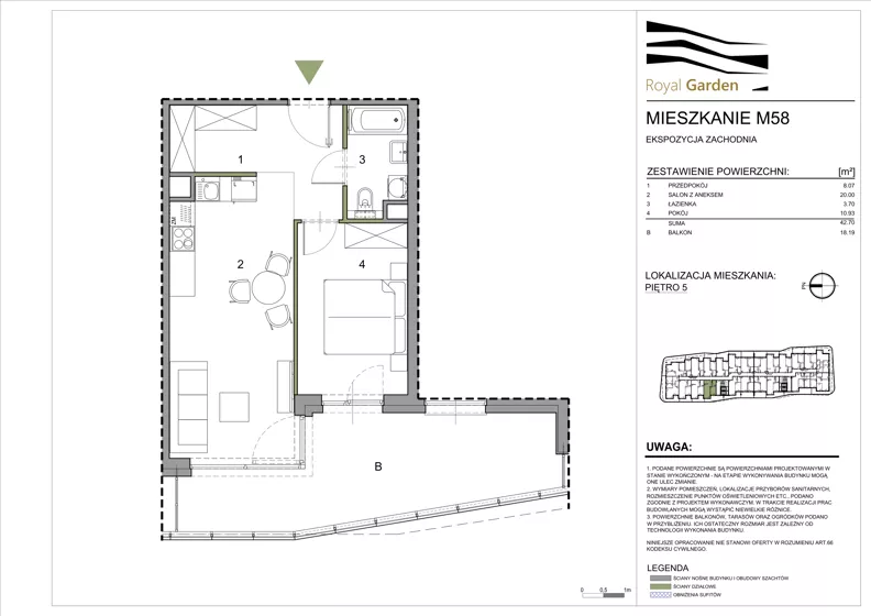 2 pokoje, mieszkanie 42,70 m², piętro 5, oferta nr M58, Royal Garden, Rzeszów, Miłocin, ul. Technologiczna