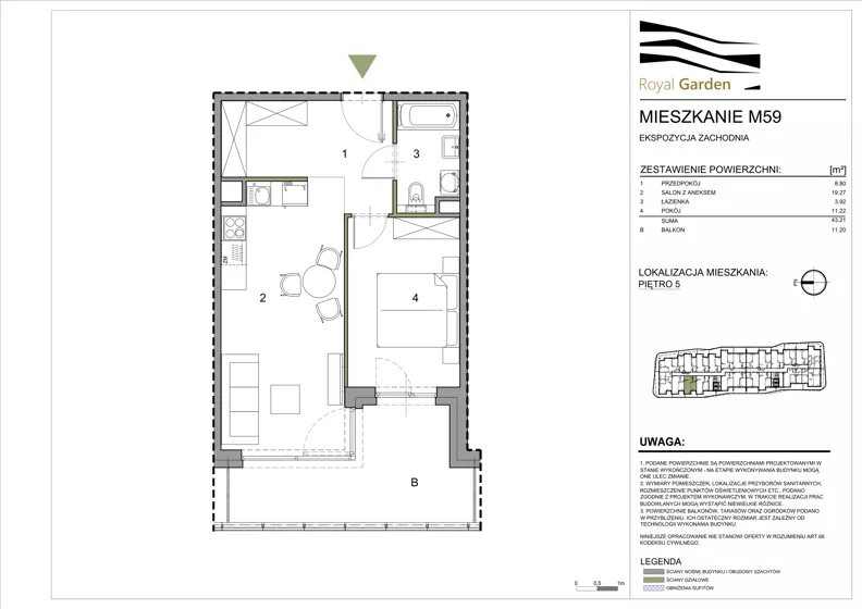 2 pokoje, mieszkanie 43,21 m², piętro 5, oferta nr M59, Royal Garden, Rzeszów, Miłocin, ul. Technologiczna