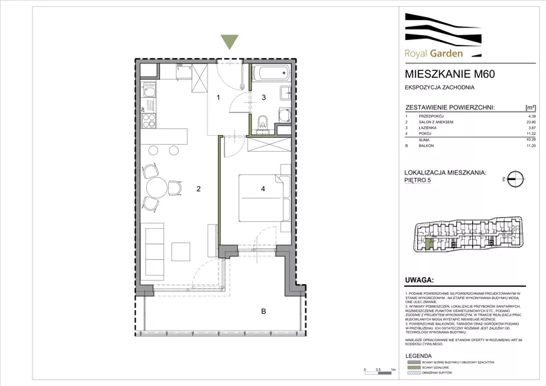 2 pokoje, mieszkanie 43,28 m², piętro 5, oferta nr M60, Royal Garden, Rzeszów, Miłocin, ul. Technologiczna