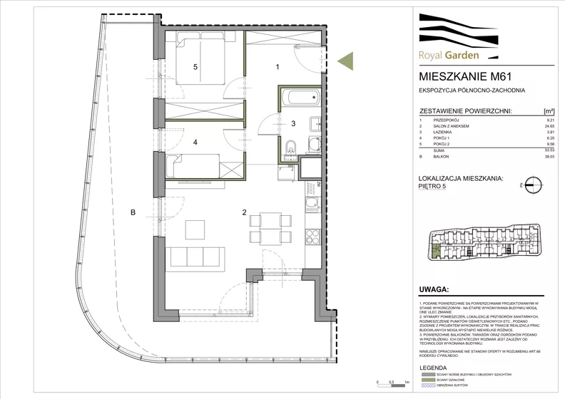 3 pokoje, mieszkanie 53,53 m², piętro 5, oferta nr M61, Royal Garden, Rzeszów, Miłocin, ul. Technologiczna