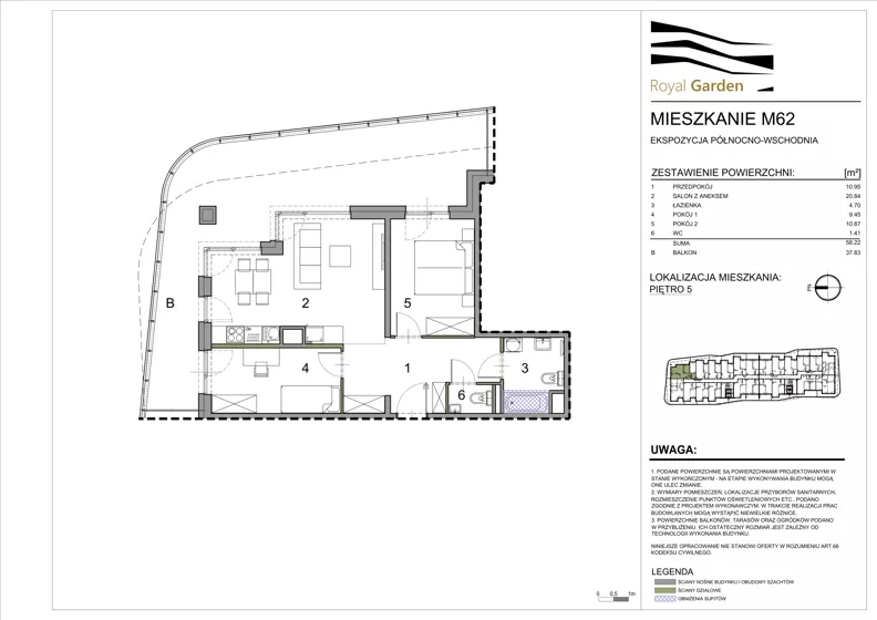 3 pokoje, mieszkanie 58,22 m², piętro 5, oferta nr M62, Royal Garden, Rzeszów, Miłocin, ul. Technologiczna