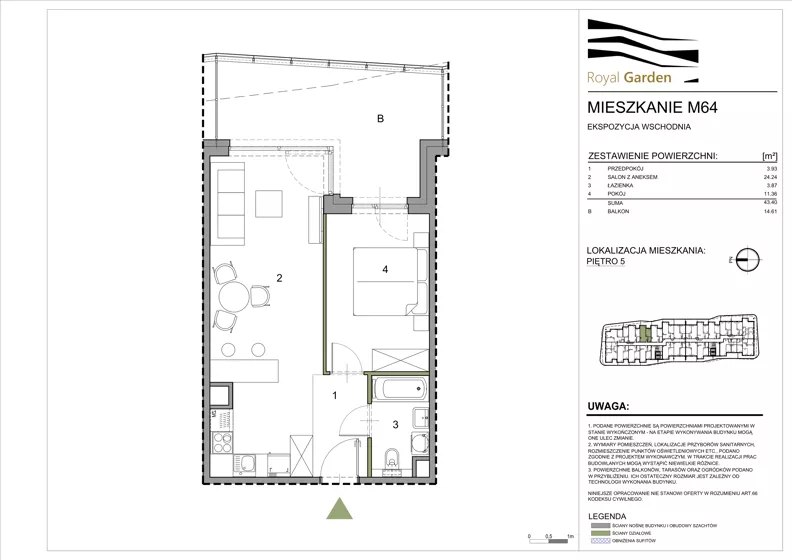 2 pokoje, mieszkanie 43,40 m², piętro 5, oferta nr M64, Royal Garden, Rzeszów, Miłocin, ul. Technologiczna