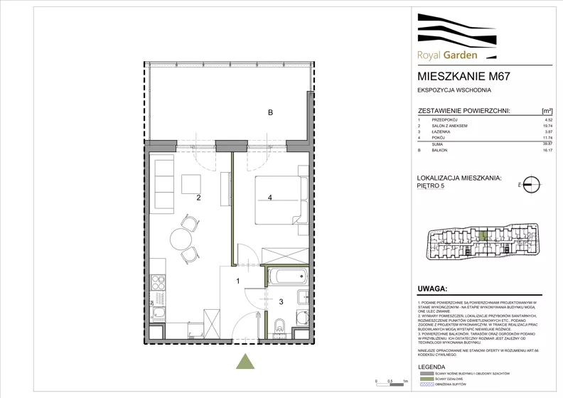 2 pokoje, mieszkanie 39,87 m², piętro 5, oferta nr M67, Royal Garden, Rzeszów, Miłocin, ul. Technologiczna