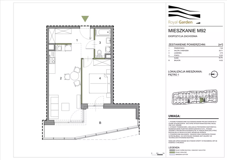 2 pokoje, mieszkanie 42,75 m², piętro 1, oferta nr M92, Royal Garden, Rzeszów, Miłocin, ul. Technologiczna