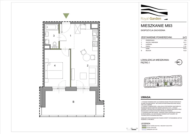 2 pokoje, mieszkanie 39,16 m², piętro 1, oferta nr M93, Royal Garden, Rzeszów, Miłocin, ul. Technologiczna