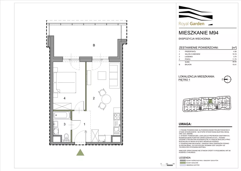 2 pokoje, mieszkanie 39,00 m², piętro 1, oferta nr M94, Royal Garden, Rzeszów, Miłocin, ul. Technologiczna