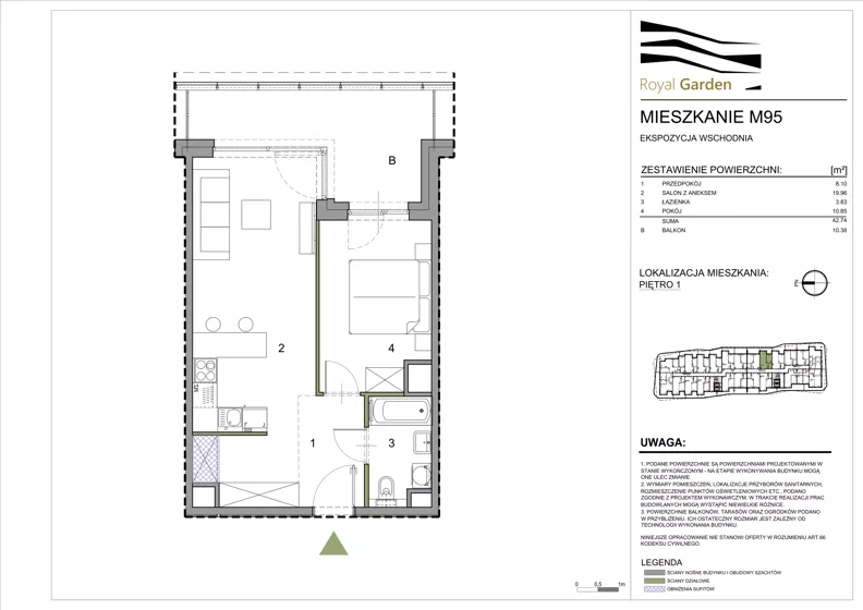 2 pokoje, mieszkanie 42,74 m², piętro 1, oferta nr M95, Royal Garden, Rzeszów, Miłocin, ul. Technologiczna