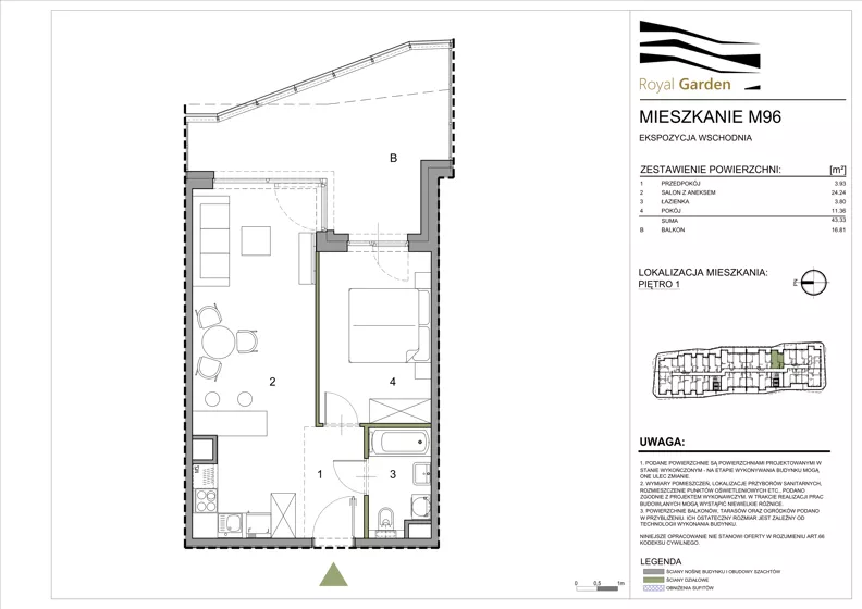 2 pokoje, mieszkanie 43,33 m², piętro 1, oferta nr M96, Royal Garden, Rzeszów, Miłocin, ul. Technologiczna