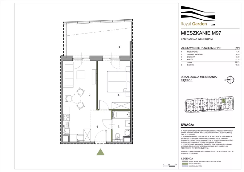 2 pokoje, mieszkanie 38,74 m², piętro 1, oferta nr M97, Royal Garden, Rzeszów, Miłocin, ul. Technologiczna