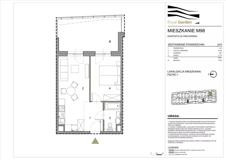 2 pokoje, mieszkanie 38,81 m², piętro 1, oferta nr M98, Royal Garden, Rzeszów, Miłocin, ul. Technologiczna