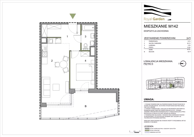 2 pokoje, mieszkanie 42,57 m², piętro 6, oferta nr M142, Royal Garden, Rzeszów, Miłocin, ul. Technologiczna