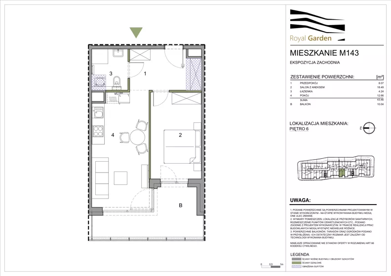 2 pokoje, mieszkanie 43,46 m², piętro 6, oferta nr M143, Royal Garden, Rzeszów, Miłocin, ul. Technologiczna