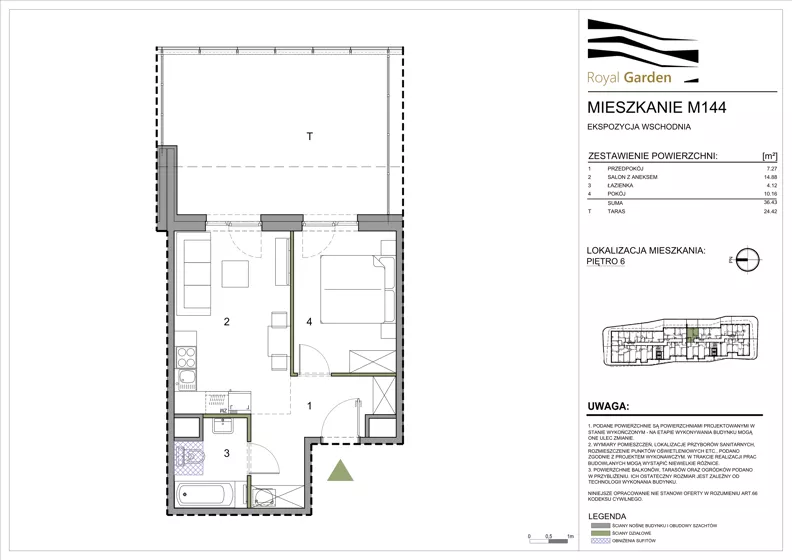 2 pokoje, mieszkanie 36,43 m², piętro 6, oferta nr M144, Royal Garden, Rzeszów, Miłocin, ul. Technologiczna