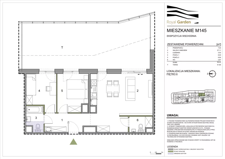 3 pokoje, mieszkanie 59,42 m², piętro 6, oferta nr M145, Royal Garden, Rzeszów, Miłocin, ul. Technologiczna