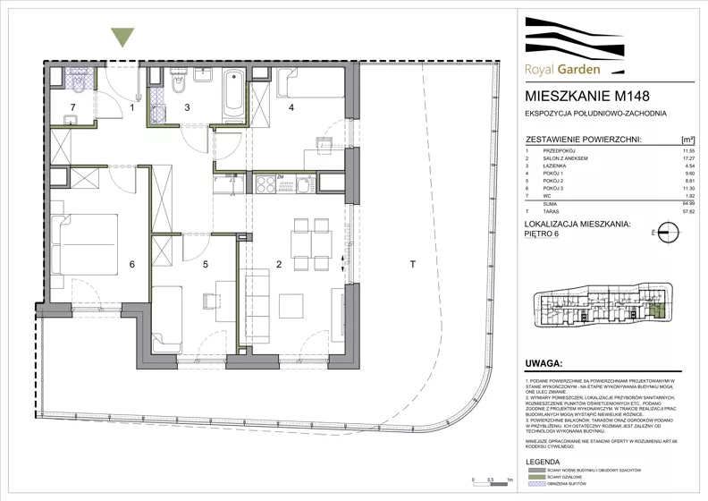 4 pokoje, mieszkanie 64,99 m², piętro 6, oferta nr M148, Royal Garden, Rzeszów, Miłocin, ul. Technologiczna