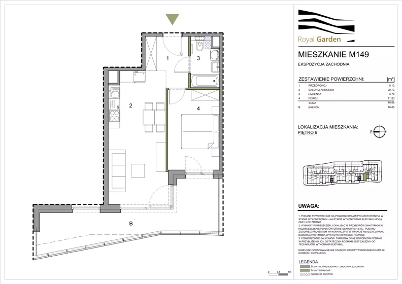 2 pokoje, mieszkanie 40,89 m², piętro 6, oferta nr M149, Royal Garden, Rzeszów, Miłocin, ul. Technologiczna