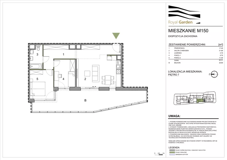 3 pokoje, mieszkanie 65,37 m², piętro 7, oferta nr M150, Royal Garden, Rzeszów, Miłocin, ul. Technologiczna