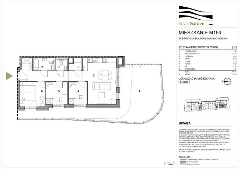 4 pokoje, mieszkanie 64,07 m², piętro 7, oferta nr M154, Royal Garden, Rzeszów, Miłocin, ul. Technologiczna