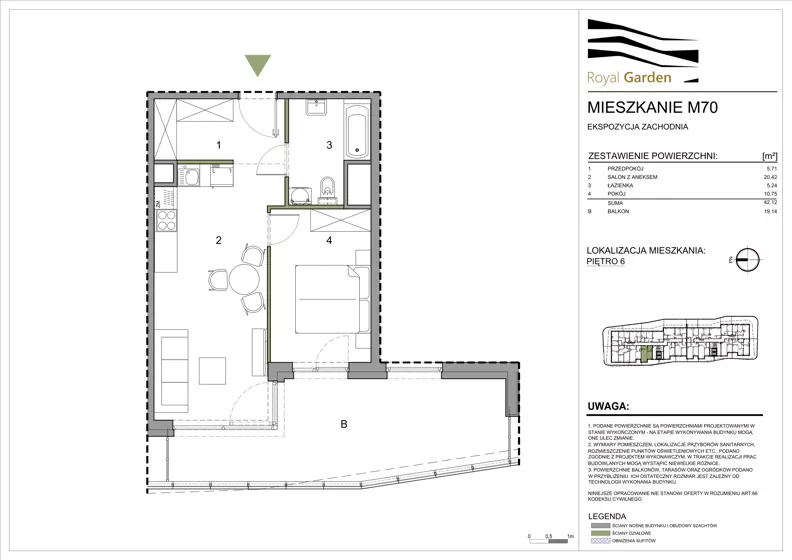 2 pokoje, mieszkanie 42,12 m², piętro 6, oferta nr M70, Royal Garden, Rzeszów, Miłocin, ul. Technologiczna