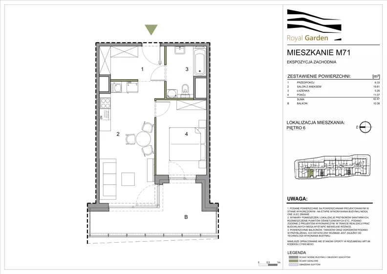 2 pokoje, mieszkanie 42,47 m², piętro 6, oferta nr M71, Royal Garden, Rzeszów, Miłocin, ul. Technologiczna