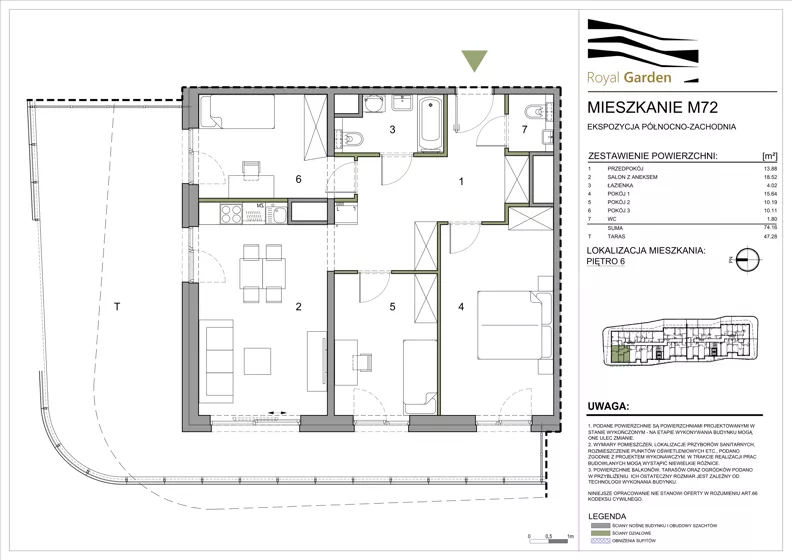 4 pokoje, mieszkanie 74,16 m², piętro 6, oferta nr M72, Royal Garden, Rzeszów, Miłocin, ul. Technologiczna