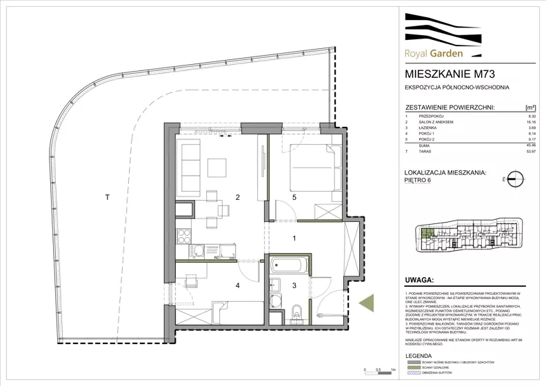3 pokoje, mieszkanie 45,46 m², piętro 6, oferta nr M73, Royal Garden, Rzeszów, Miłocin, ul. Technologiczna